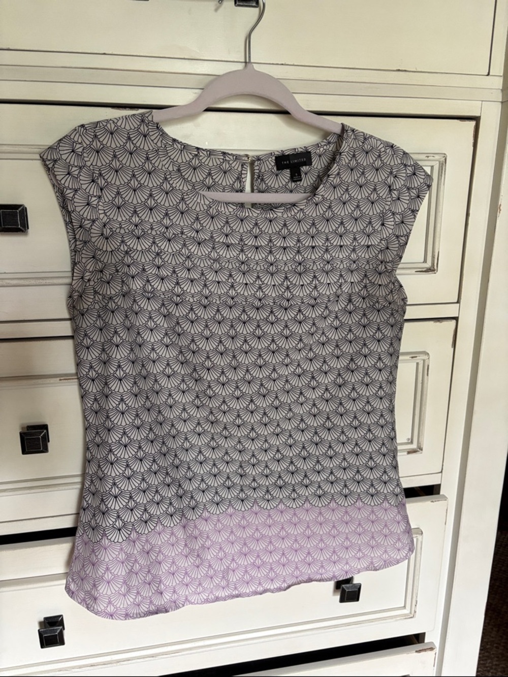 White Shell Top with Lavender Hem Pattern